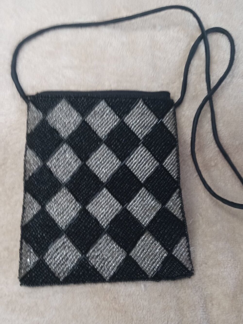 Vintage Beaded Checkerboard Purse Wristlet with Strap Black Silver 90's Y2k